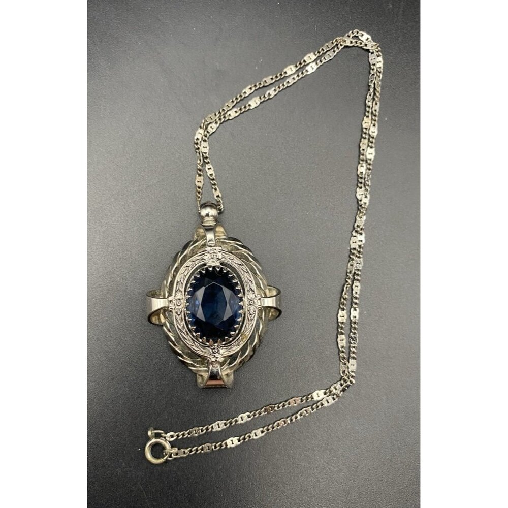 Vintage Blue Glass Pendant Necklace Faceted Silver Tone Dog Tooth Ornate Setting - Picture 2 of 9